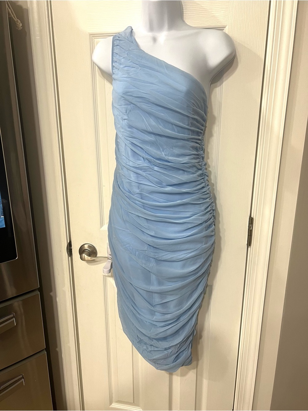 One-Shoulder Ruched Light Blue Cocktail Dress